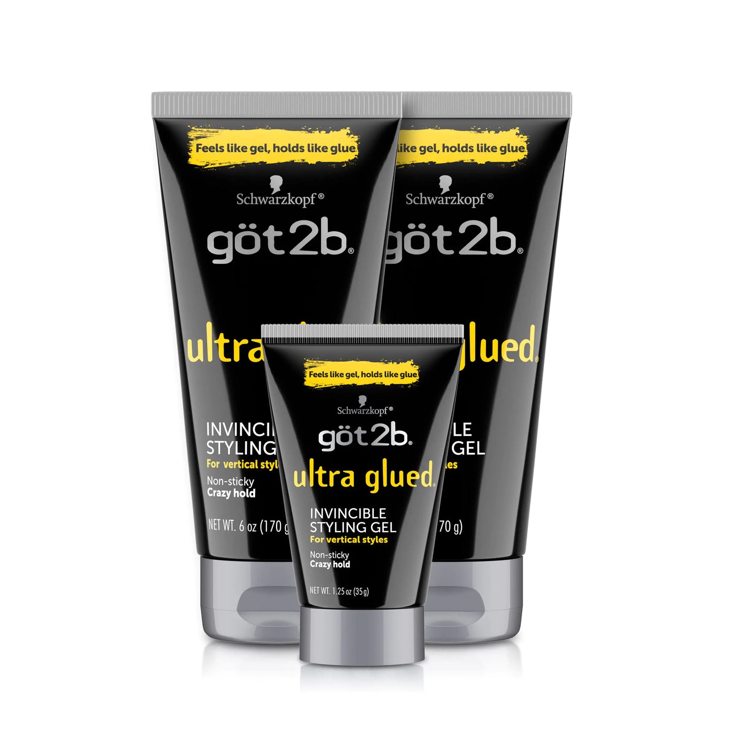 Got2B Ultra Glued Invincible Styling Gel 2 - 6 oz tubes + 1 Travel 1.25 oz tube Styling Gel + Travel 1 Fl Oz (Pack of 1)