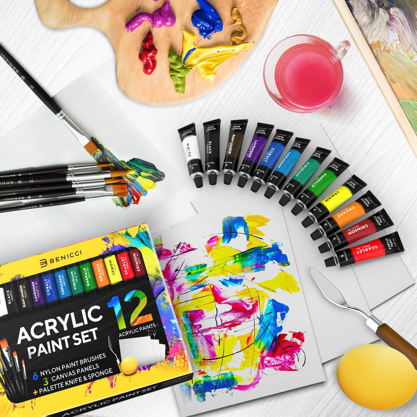 Acrylic Paint Set for Kids, Artists and Adults - 12 Vibrant Colors, 6 Brushes and 3 Paint Canvases - Perfect for Beginners or Professionals